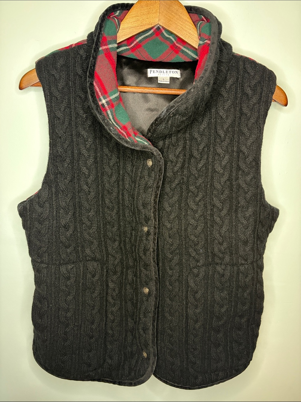 Pendleton Wool Black Cable Knit & Red Plaid Zip Front Vest - Women's Size PL